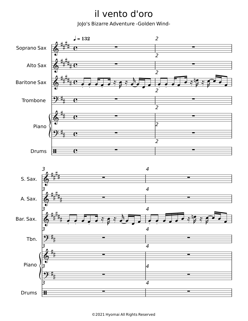 Il vento d'oro Yugo Kanno Sheet music for Piano, Trombone, Saxophone