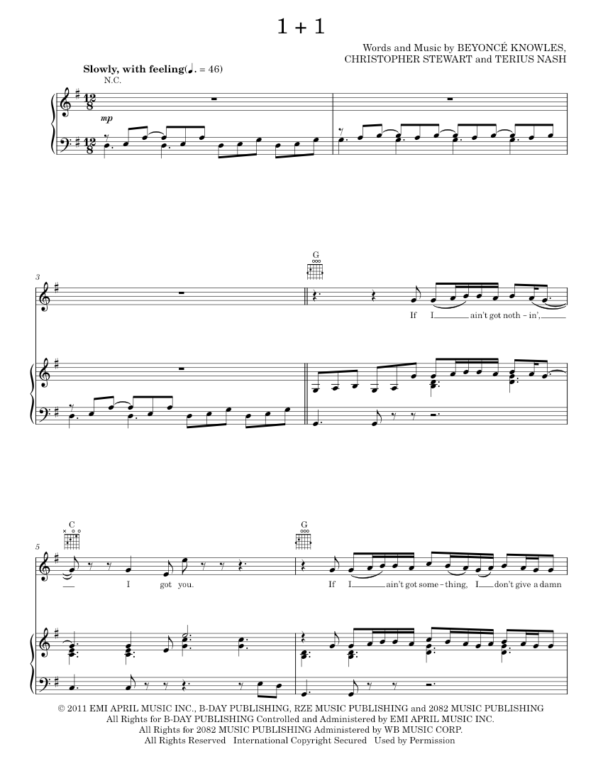 Play Official version of 1 plus 1 Sheet Music by Beyoncé for Piano ...