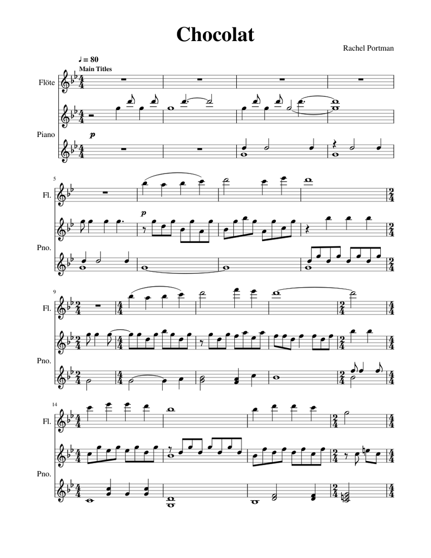 Main Titles - Chocolat Sheet music for Piano, Flute (Solo) | Download ...