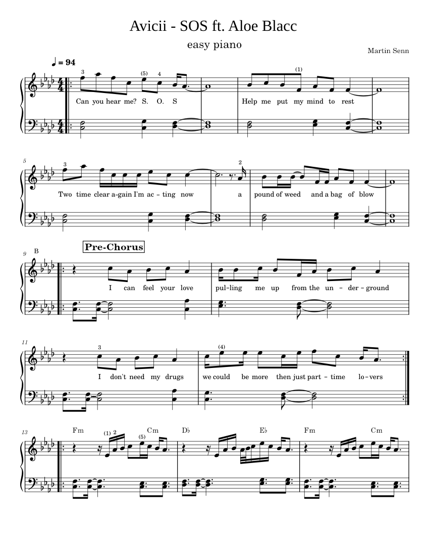 Avicii SOS ft. Aloe Blacc Sheet music for Piano (Solo) Easy