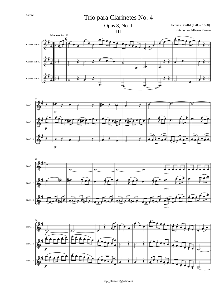 Trio para Clarinetes No. 4 3. Minuetto Sheet music for Clarinet in b ...