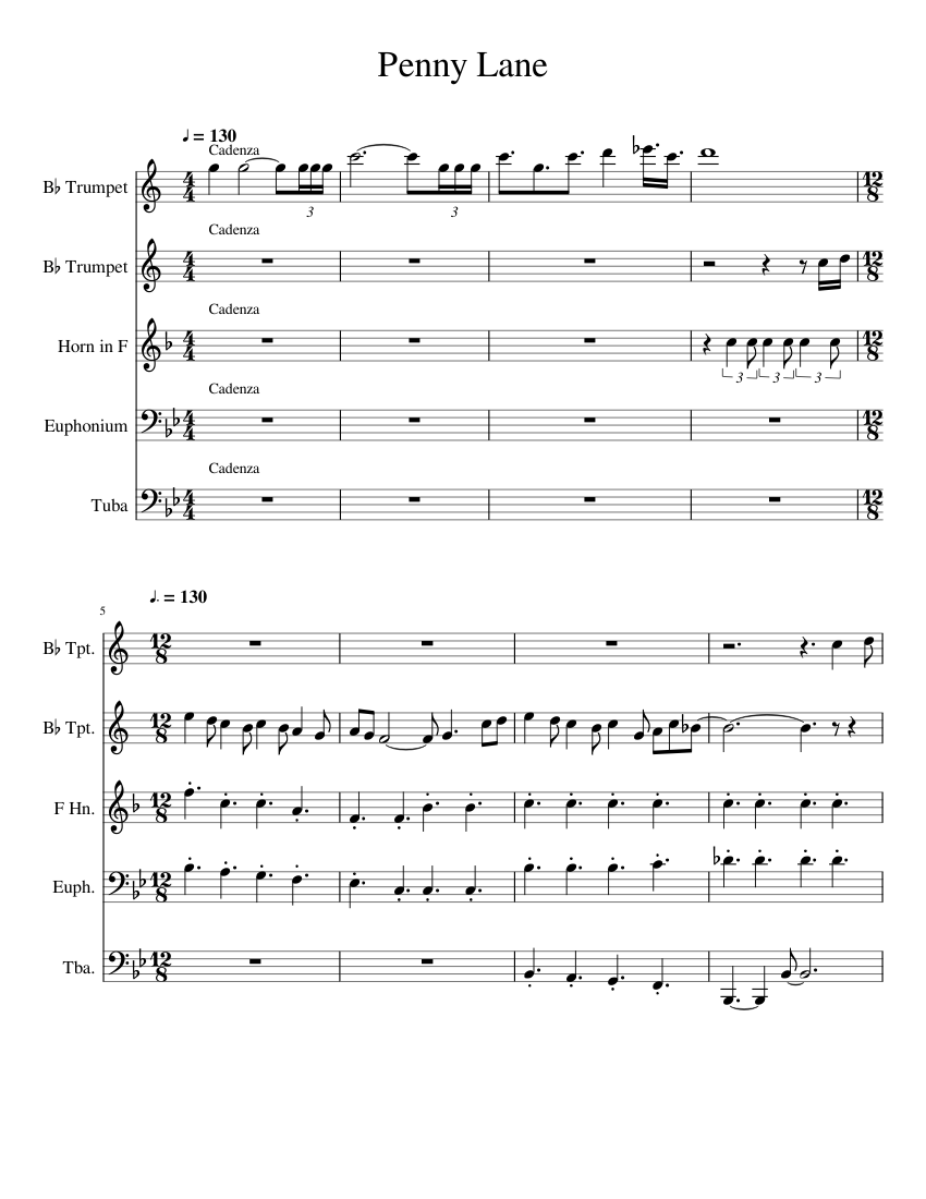 Penny Lane Sheet Music for Euphonium, Tuba, Trumpet in b-flat
