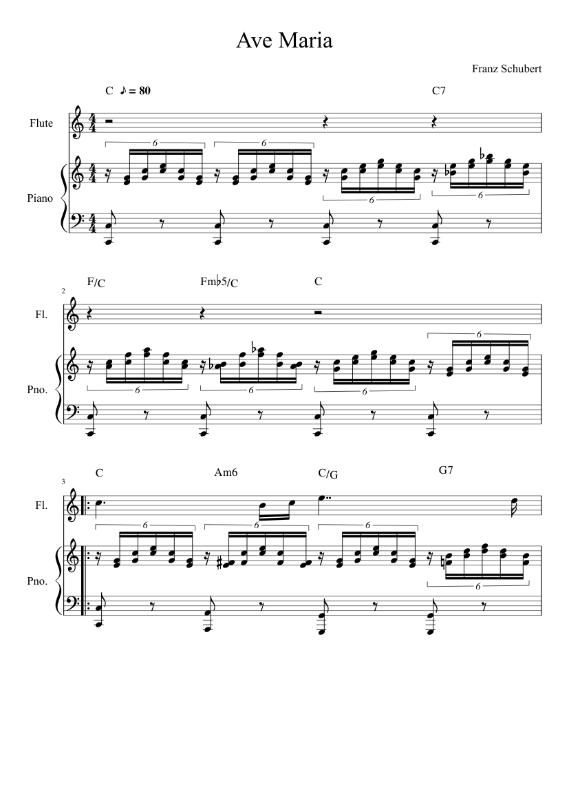 Ave Maria Schubert in C with chords Sheet music for Piano, Flute (Solo) |  Musescore.com