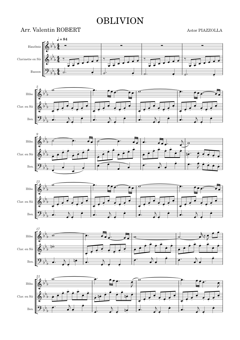 Oblivion Astor Piazzolla Oblivion trio bois Sheet music for Oboe