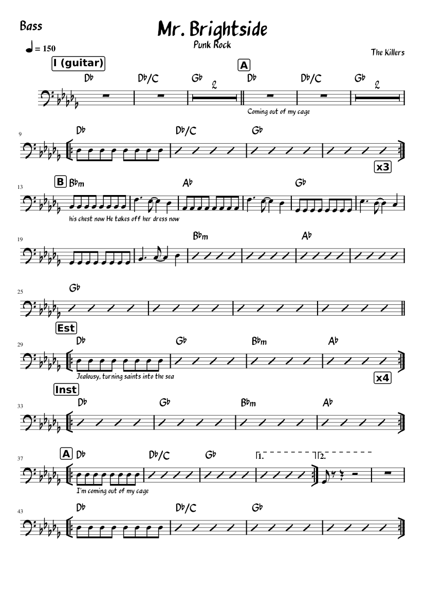 Mr. Brightside - The Killers (bass) Sheet Music with Chords for Piano ...