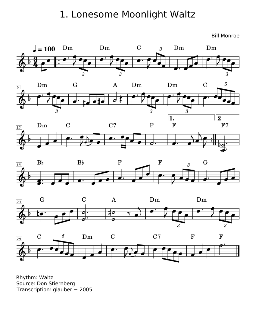 Lonesome Moonlight Waltz - Bill Monroe Sheet Music with Chords for ...
