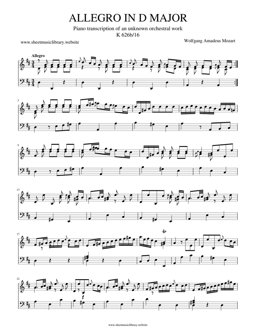 MOZART ALLEGRO IN D MAJOR K626b/16 Sheet music for Piano (Solo) |  Musescore.com