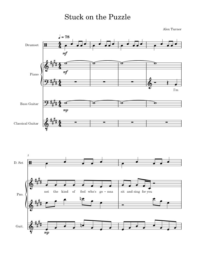 Stuck On The Puzzle – Alex Turner Sheet music for Piano, Guitar, Bass  guitar, Drum group (Mixed Quartet) | Musescore.com