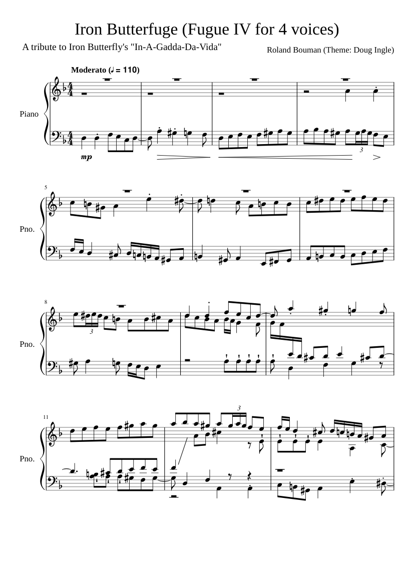 Iron Butterfugue (Fuge IV in D minor for 4 voices) Sheet music for Piano  (Solo) | Musescore.com