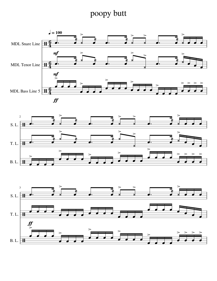 poopy_butt Sheet music for Snare Drum, Tenor Drum, Bass Drum ...