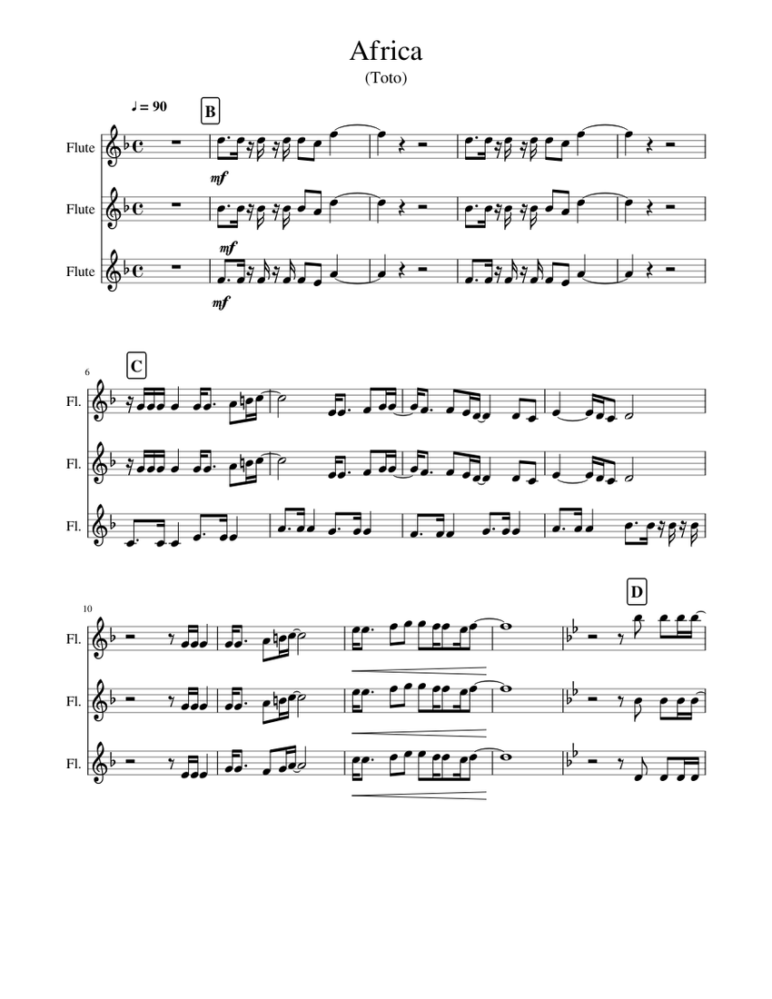 Toto Africa Recorder Short Sheet music for Piano, Flute (Mixed Quartet) |  Musescore.com