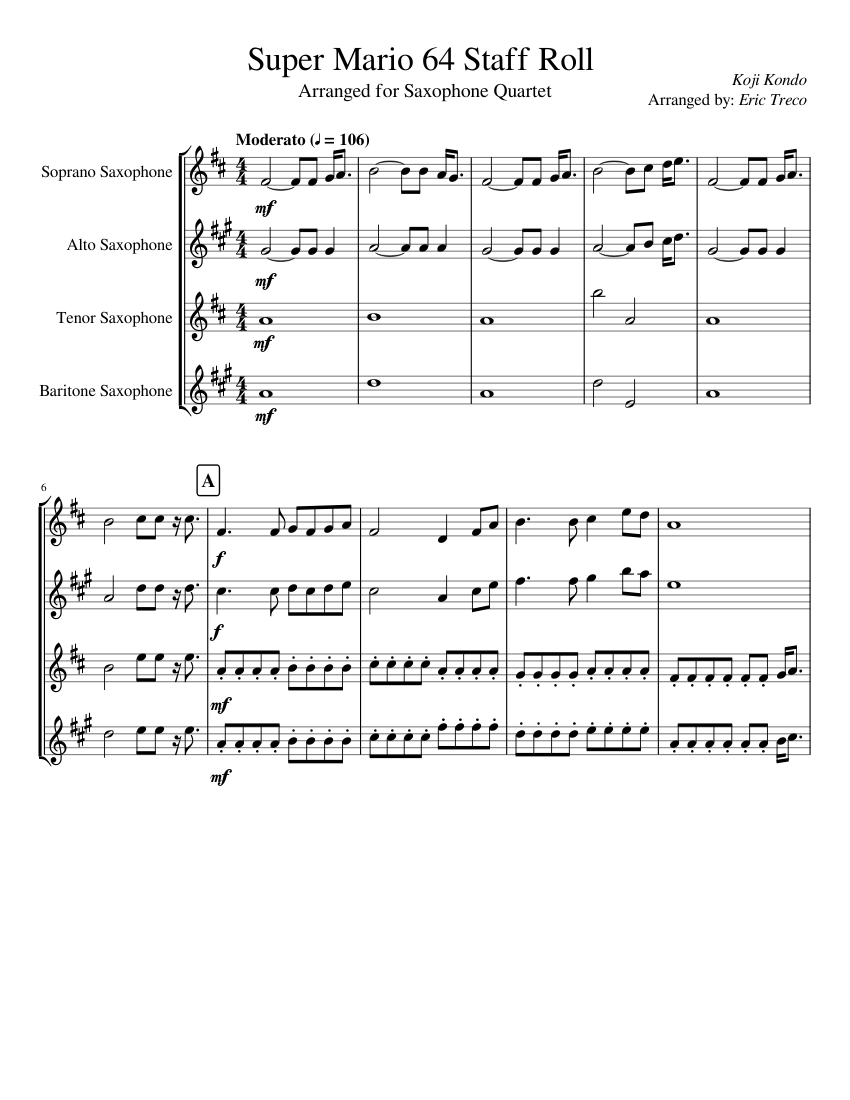 Super Mario 64 Staff Roll (for sax quartet) Sheet Music for Saxophone ...