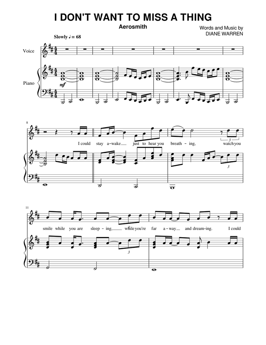 I Don T Want To Miss A Thing By Aerosmith Sheet Music For Piano Vocals Solo Musescore Com I don't want to miss a thing. i don t want to miss a thing by