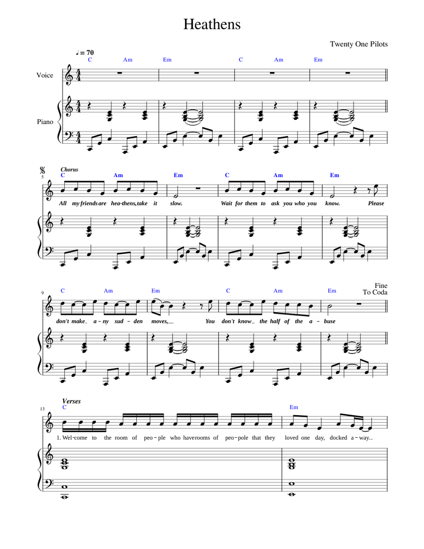 Heathens - Twenty One Pilots Sheet music for Piano, Voice (other) (Piano-Voice)  | Musescore.com