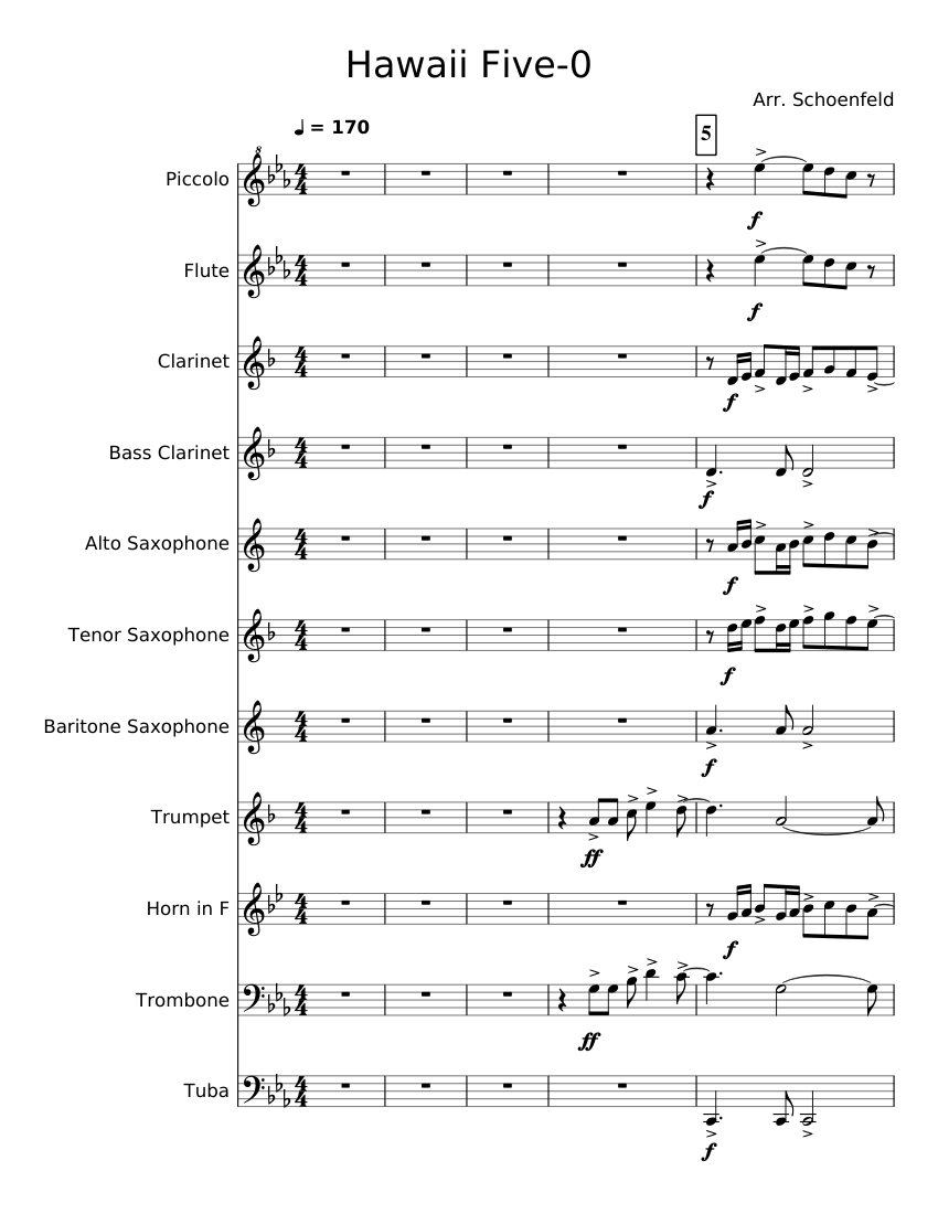 Hawaii Five-0 Sheet music for Trombone, Tuba, Flute piccolo, Flute & more  instruments (Mixed Ensemble) | Musescore.com