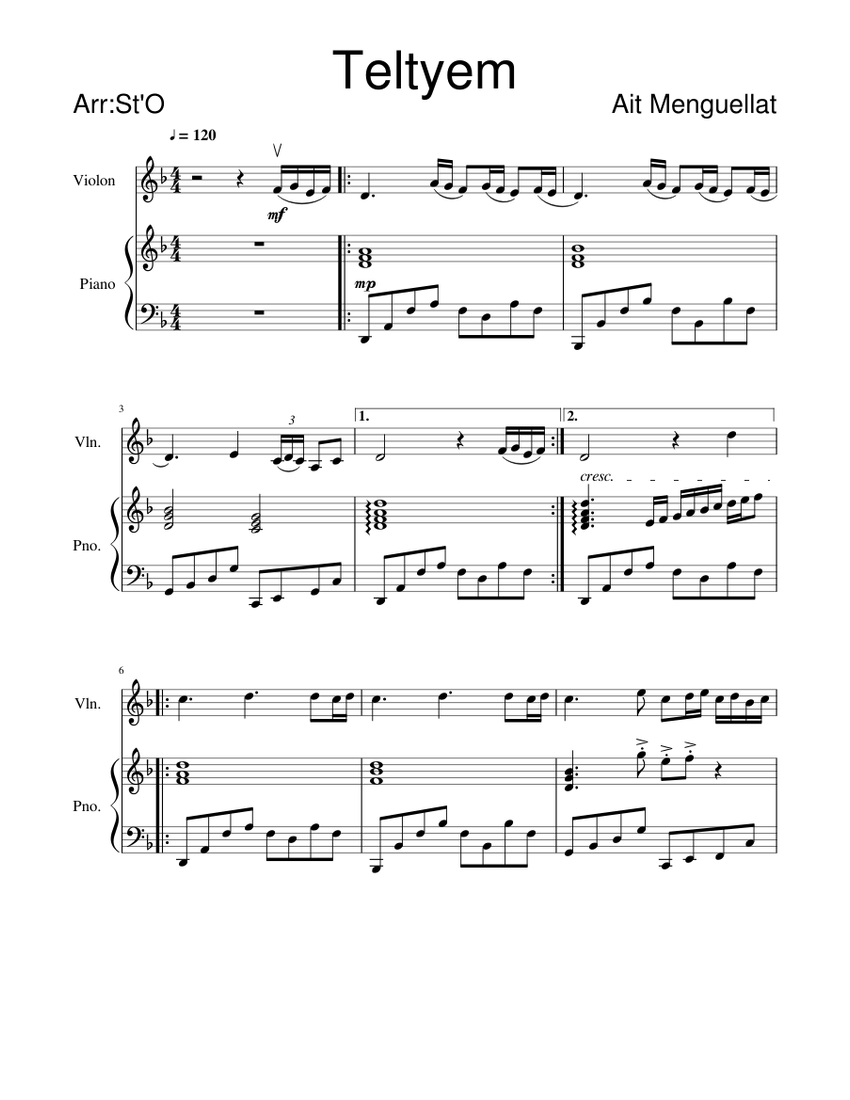 Ait Menguellet Telt yem (3 jour) Sheet music for Piano, Violin (Mixed Duet)  | Musescore.com