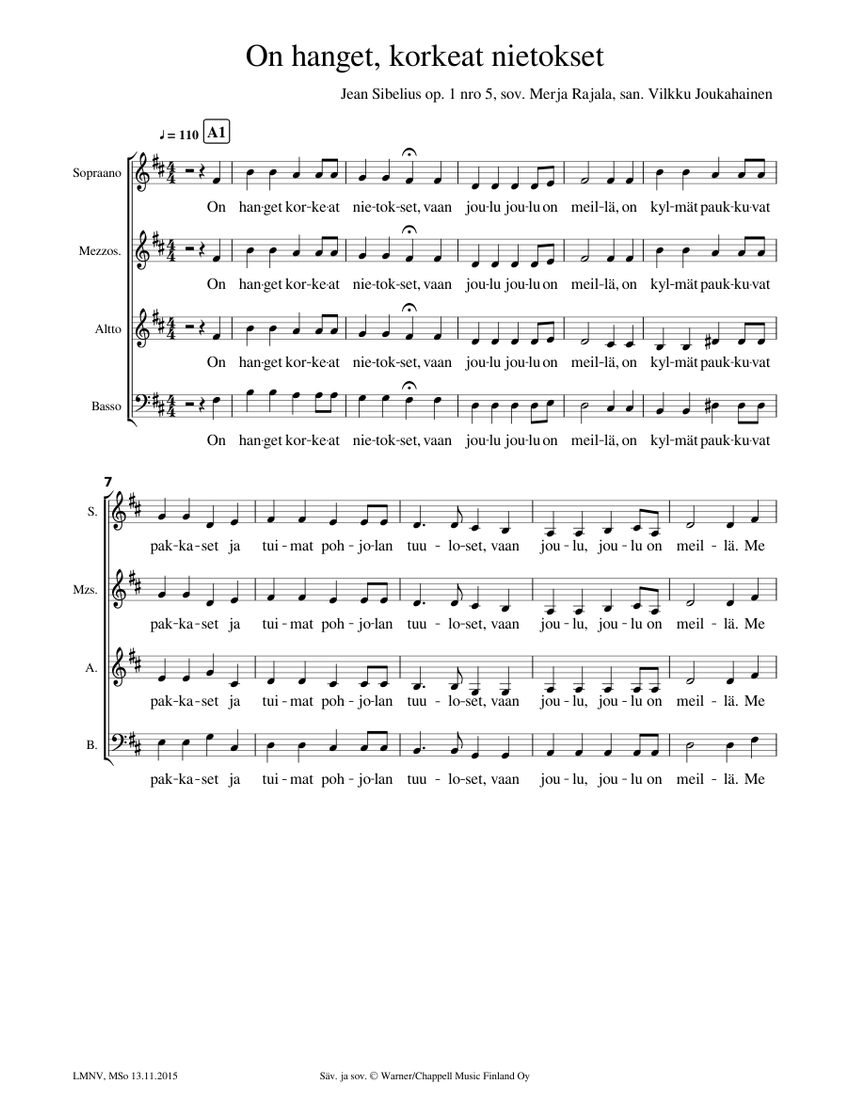 On hanget korkeat nietokset Sheet music for Soprano, Alto, Bass voice,  Mezzo soprano (Choral) | Musescore.com