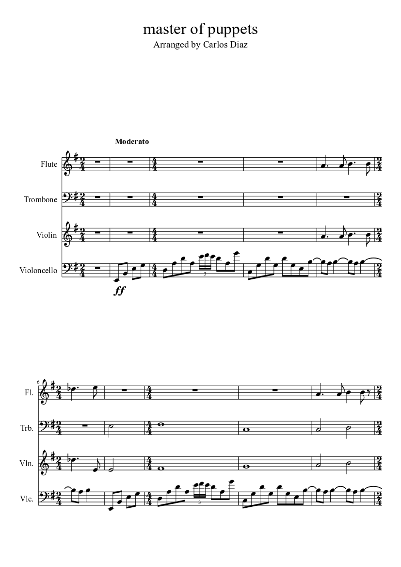 master of puppets Sheet music for Trombone, Flute, Violin (Mixed Trio) |  Musescore.com