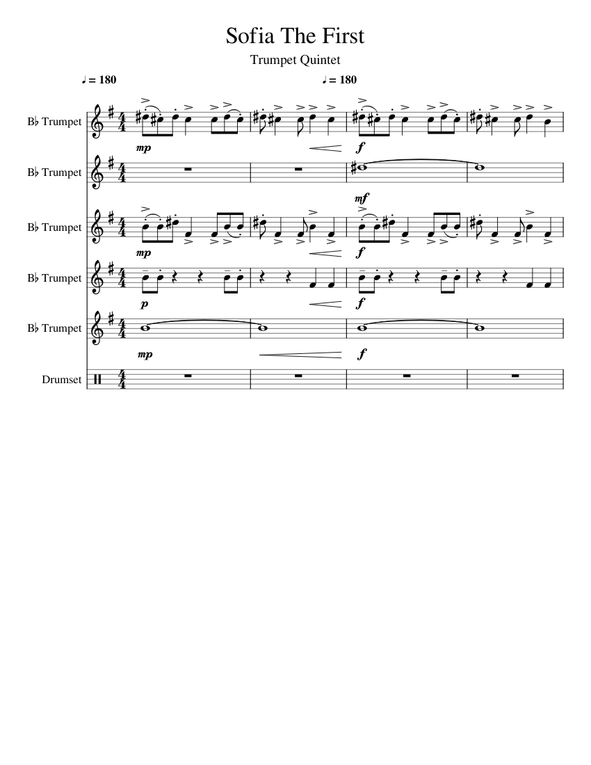 Sofia the first trumpet quintet sheet music for trumpet in b flat drum
