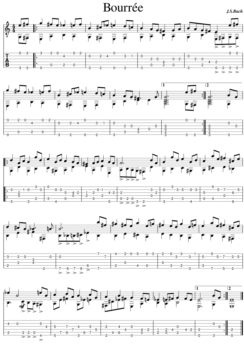 Bach Bourree TAB Sheet music for Guitar (Solo) | Musescore.com