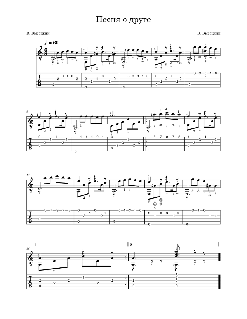 Песня о друге – Владимир Высоцкий Sheet music for Guitar (Solo) |  Musescore.com