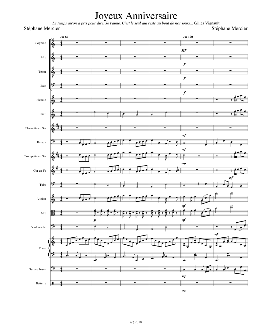 Joyeux Anniversaire Sheet Music For Piano Trumpet In B Flat Violin Flute More Instruments Satb Musescore Com