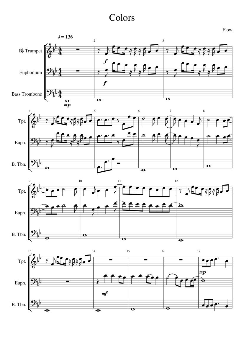 COLORS カラーズ　楽譜　トロンボーン Colors Sheet Music for Piano, Euphonium, Trombone bass, Trumpet in