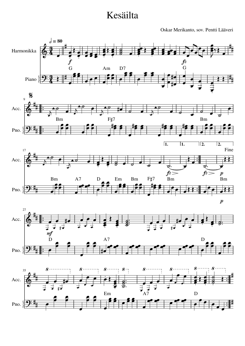 Kesäilta Sheet music for Piano, Accordion (Mixed Duet) | Musescore.com