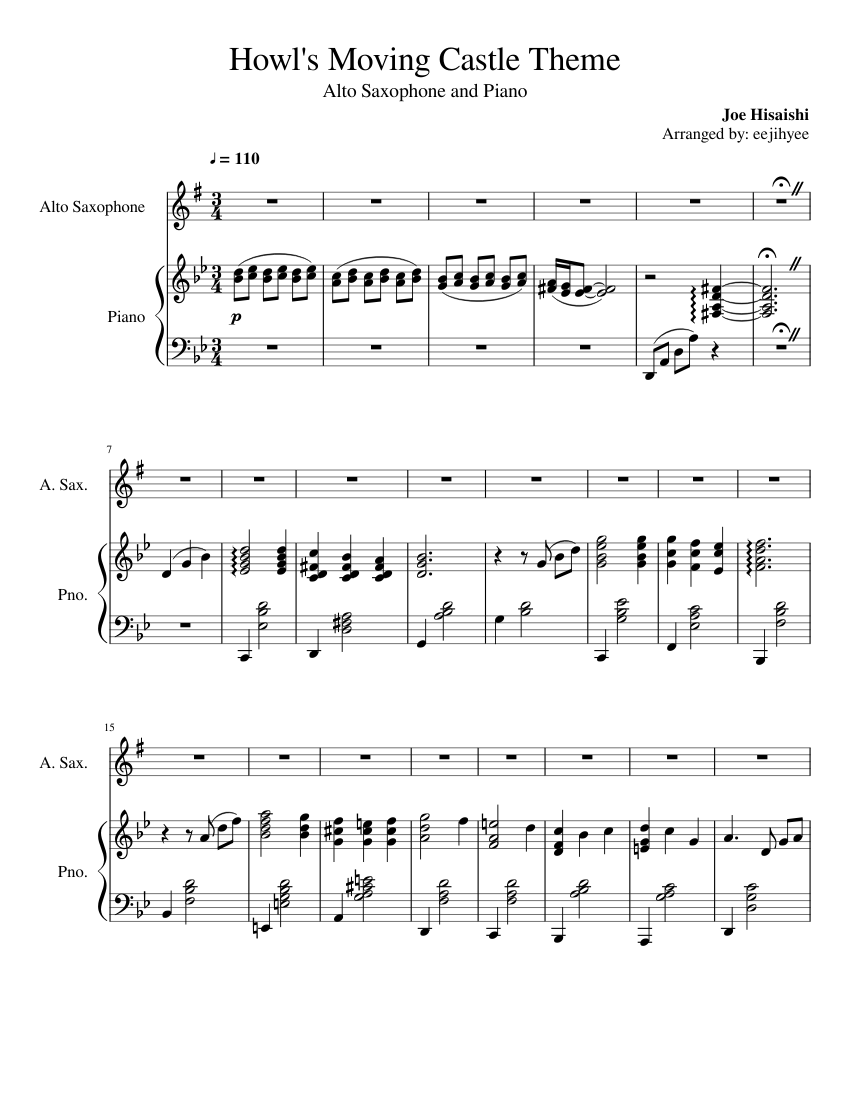Howl's Moving Castle Theme (Alto Saxophone and Piano Duet) Sheet music for  Piano, Saxophone alto (Mixed Duet) | Musescore.com