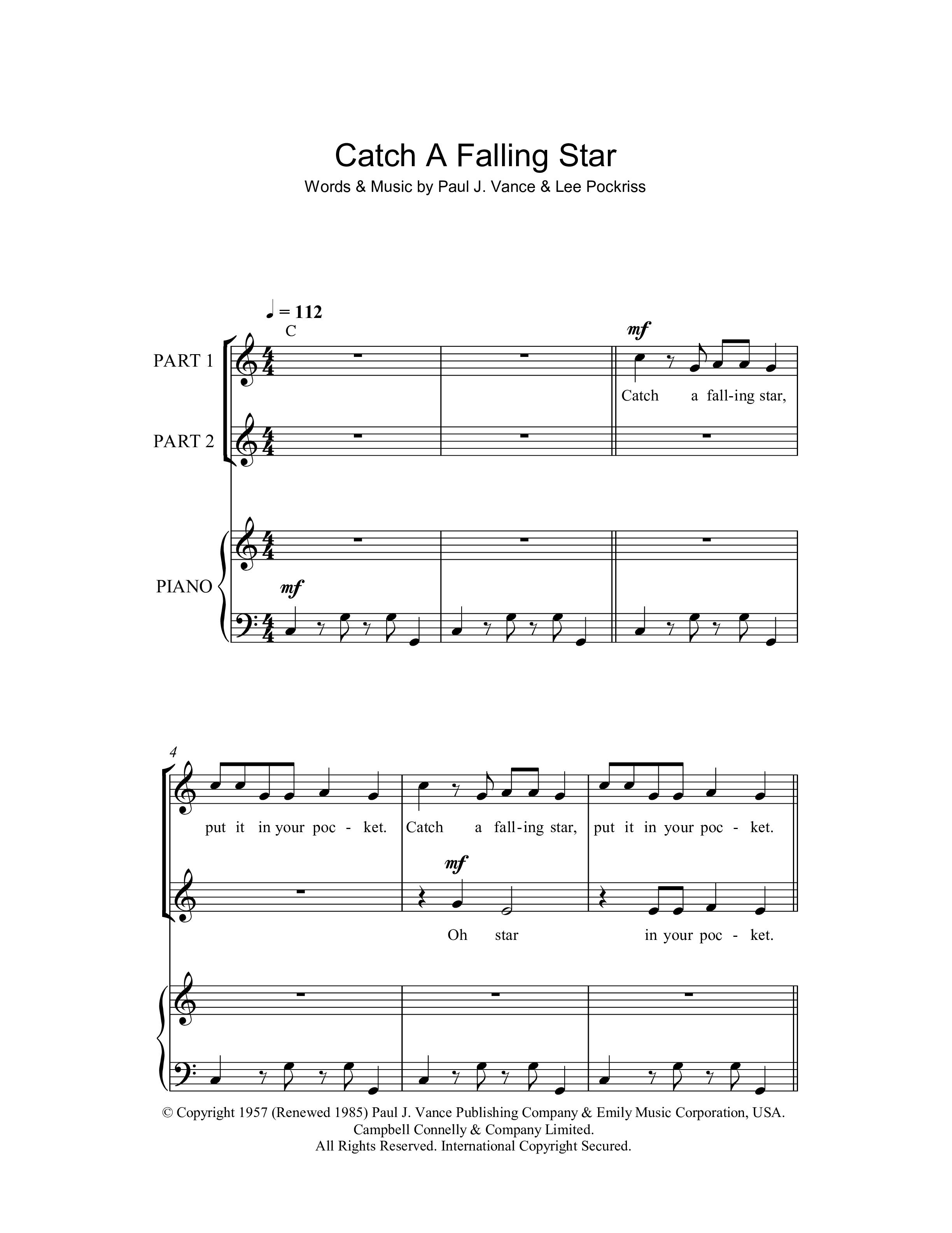 Play Official version of Catch a falling star sheet music by Perry Como ...