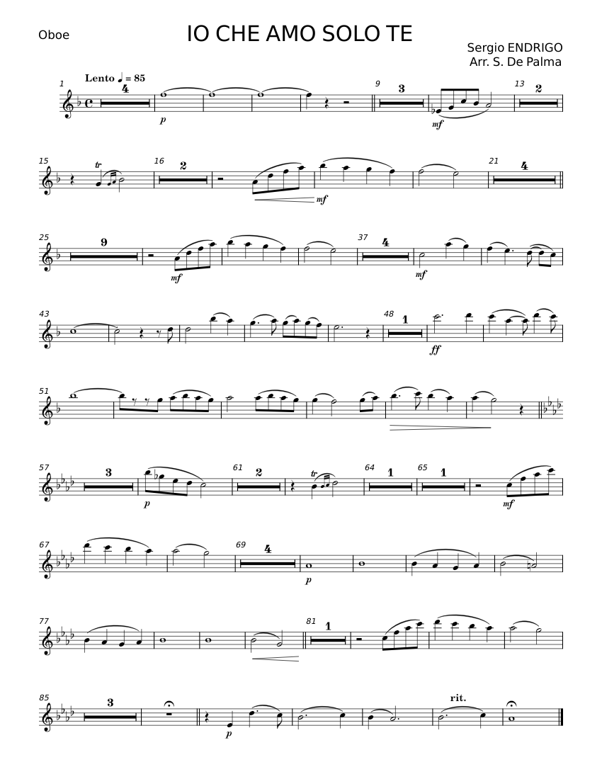 Io che amo solo te - Sergio Endrigo Sheet music for Oboe (Solo ...