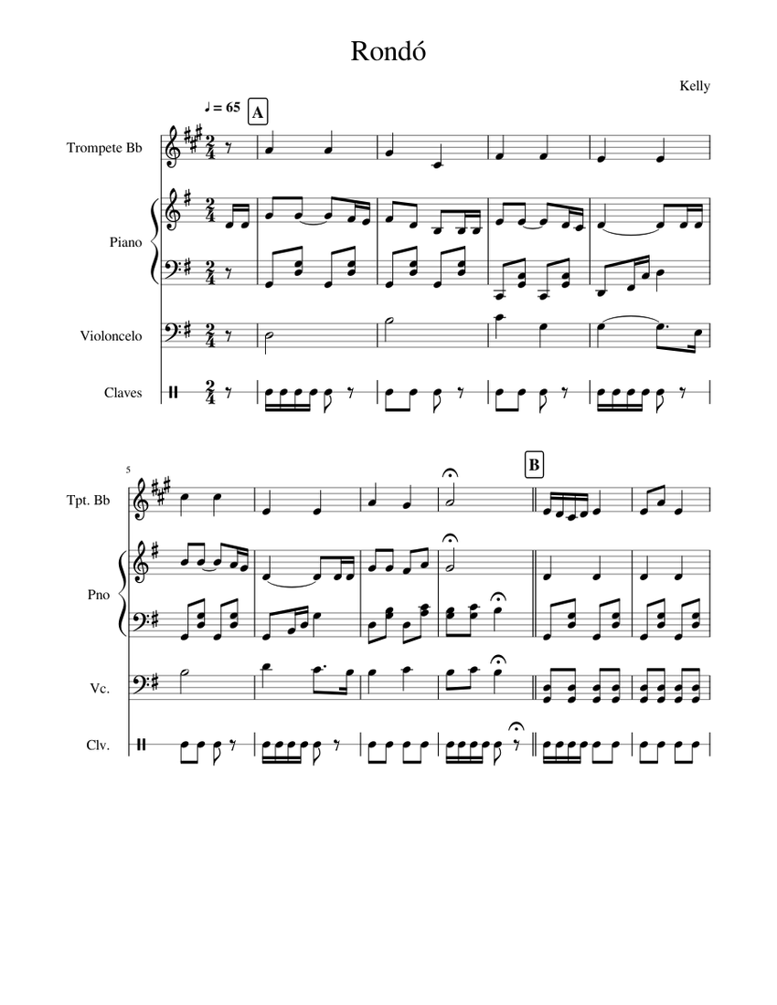 Rond Sheet music for Piano, Trumpet (In B Flat), Cello, Claves (Mixed ...