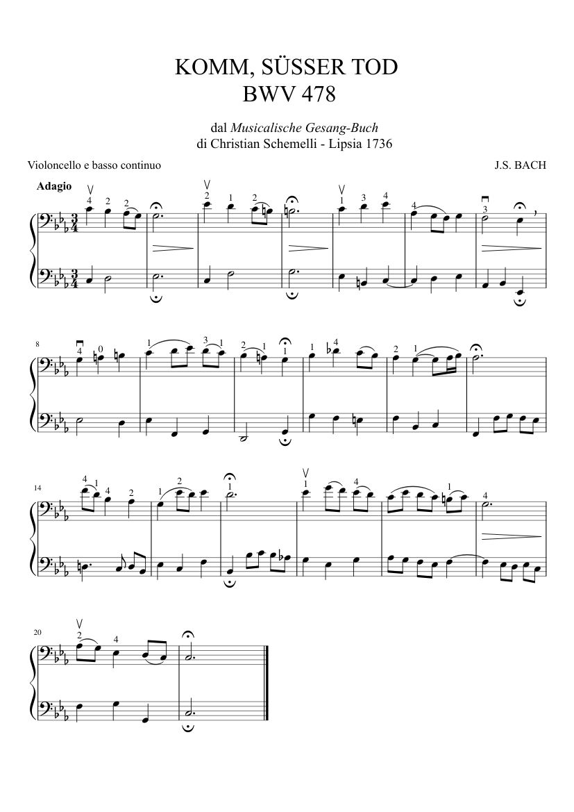 KOMM, SÜSSER TOD BWV 478 Sheet music for Cello (Solo) | Musescore.com