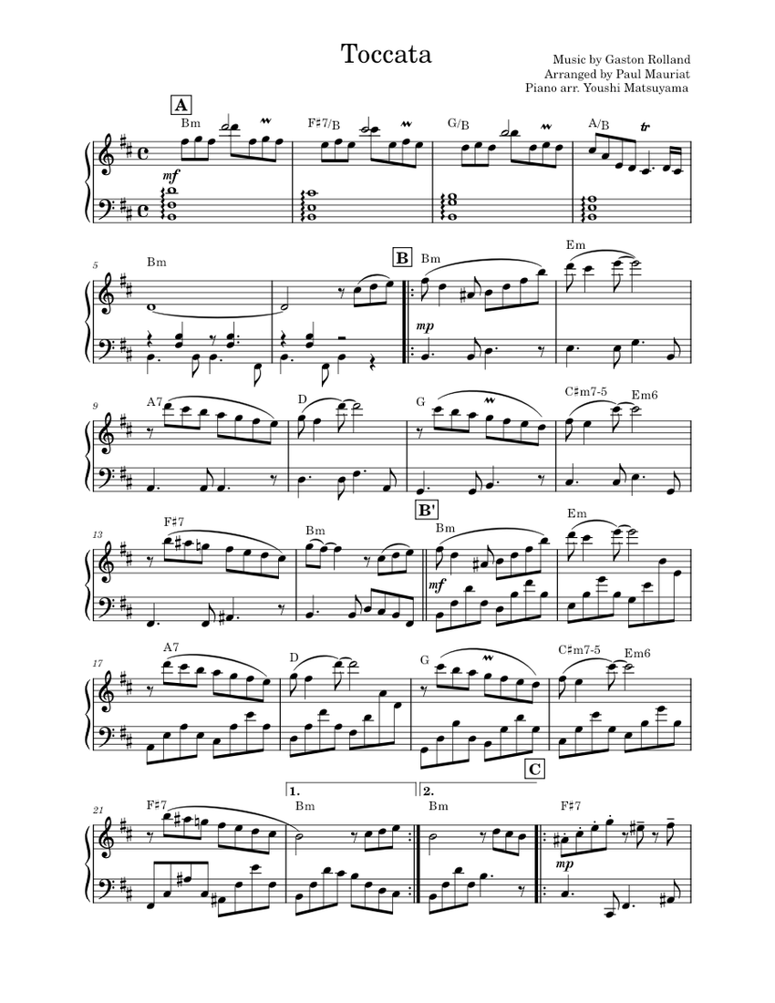 Paul Mauriat – Toccata / partition de piano facile avec doigtés