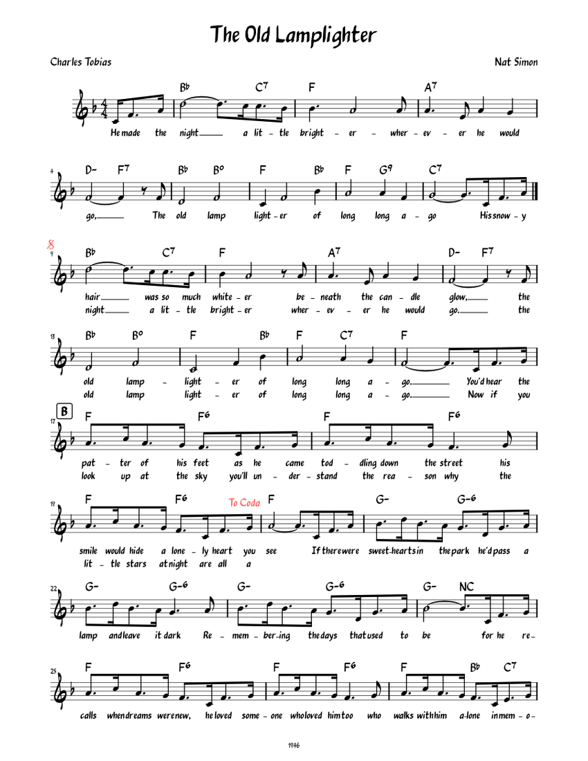 The Old Lamplighter (Lead sheet with lyrics ) Sheet music for Piano