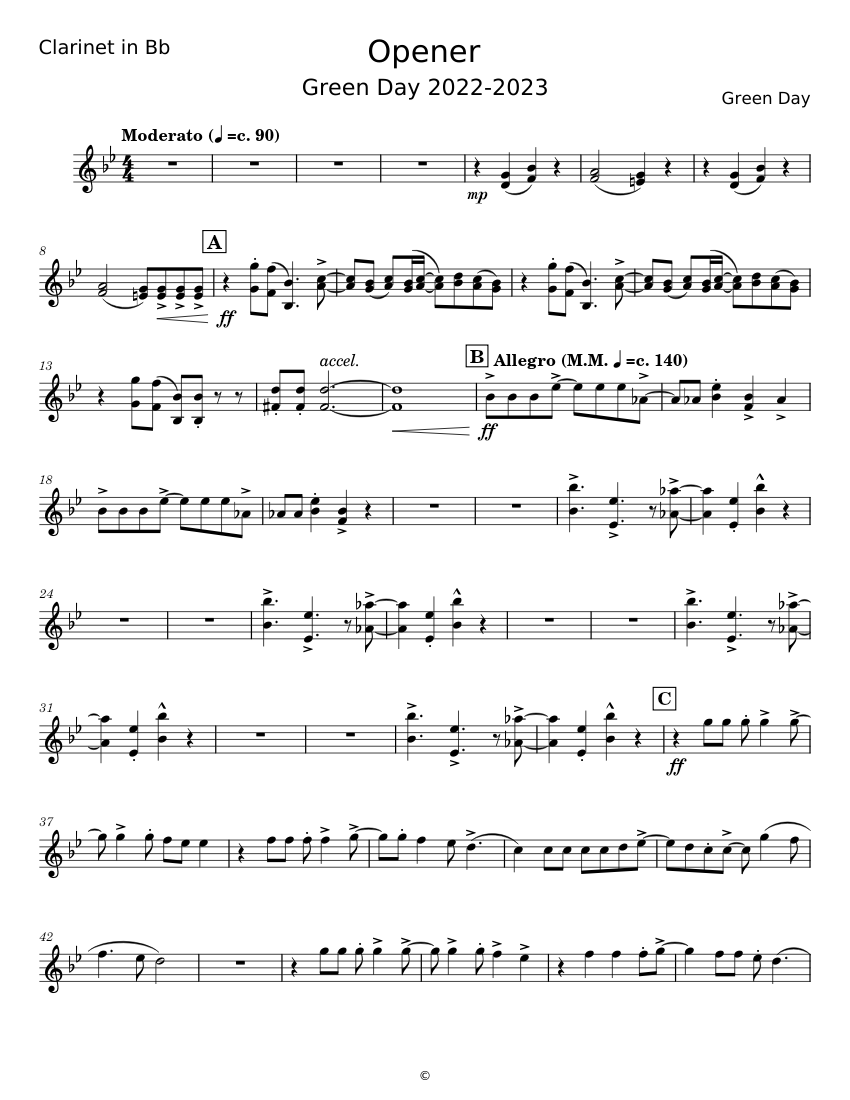 Green Day Opener - Green Day Sheet Music for Clarinet in b-flat (Solo ...