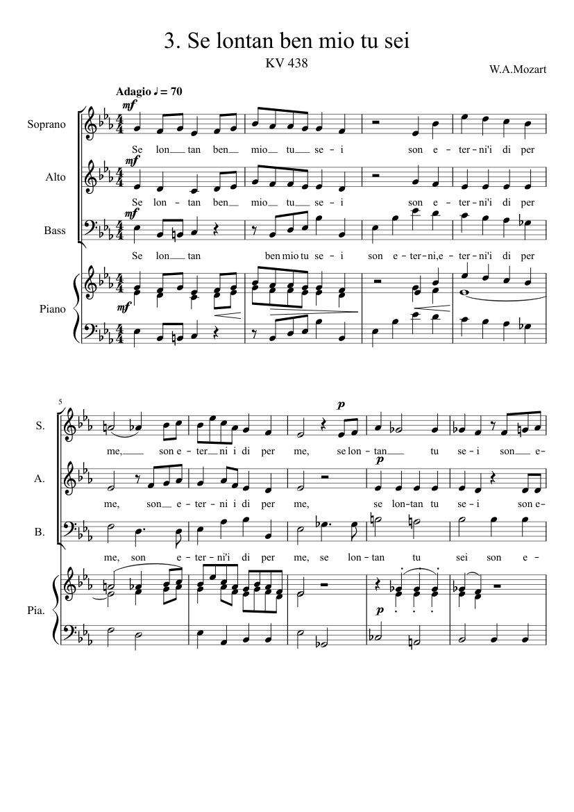 Mozart, KV 438: Se lontan ben mio tu sei Sheet music for Piano, Bass guitar  (Mixed Duet) | Musescore.com