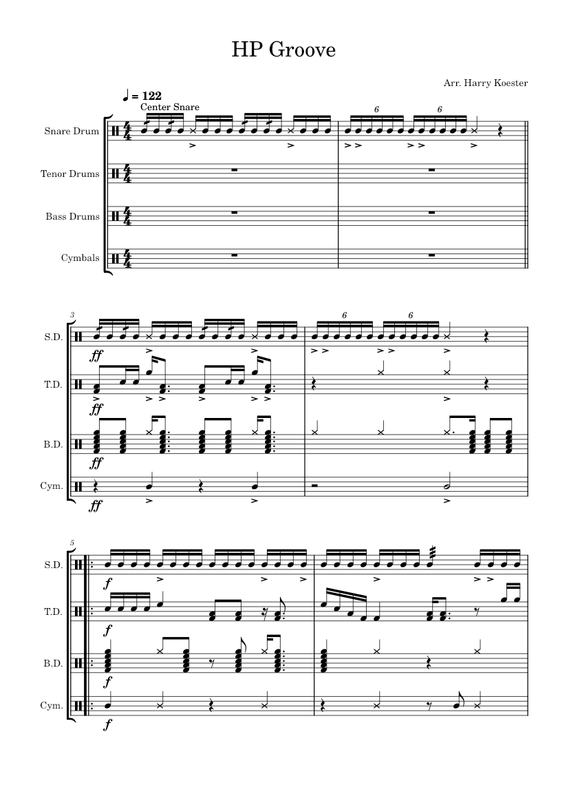 HP Groove Sheet music for Snare drum, Crash, Tenor drum, Bass drum