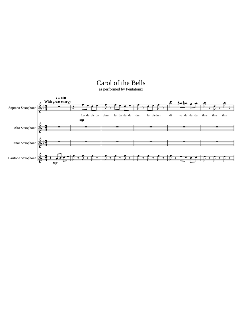 Carol of the Bells Sax Quartet Sheet music for Saxophone alto ...
