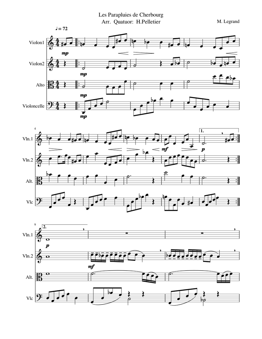 Les Parapluies de Cherbourg Arr. Quatuor: H.Pelletier Sheet music for  Violin, Viola, Cello (String Quartet) | Musescore.com