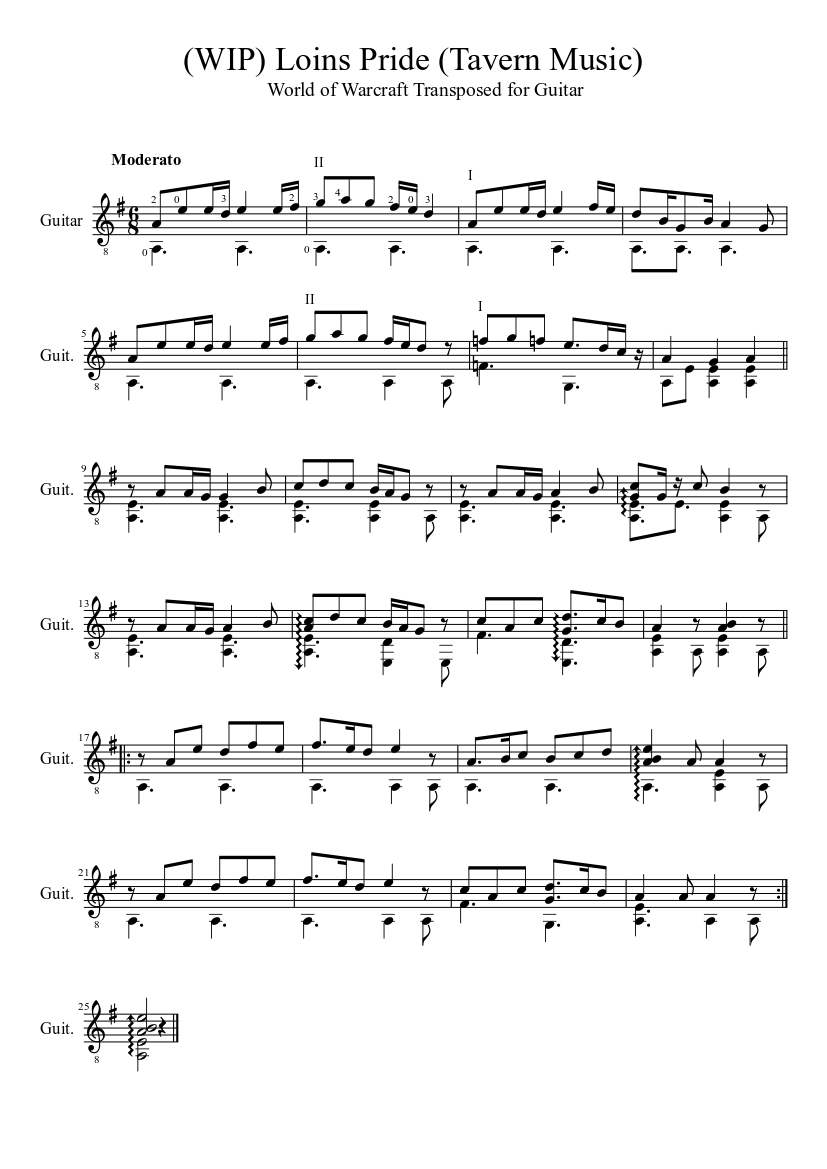 WIP) Lions Pride (Tavern Music from WoW) Transposed For Guitar