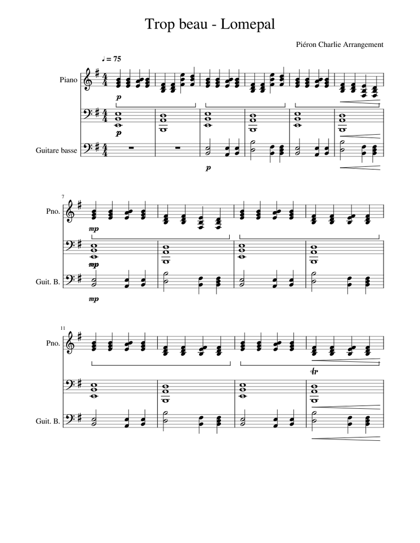 Trop beau Lomepal Sheet music for Piano, Bass guitar (Solo