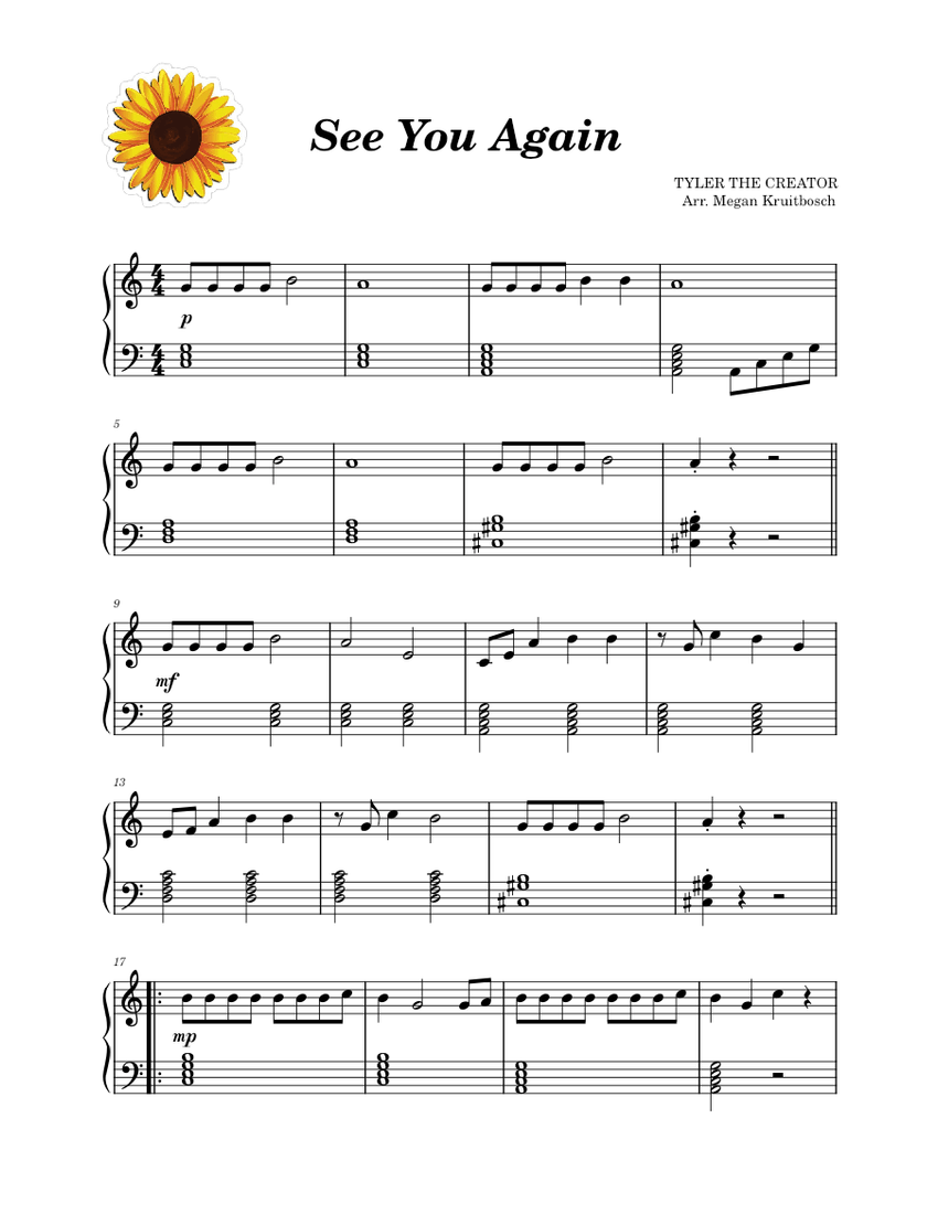 See You Again – Tyler the Creator Sheet music for Piano (Solo