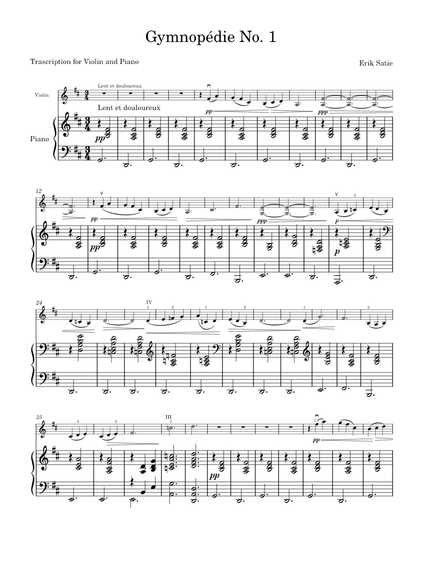 Gymnopédie No.1 – Erik Satie Sheet music for Piano, Violin (Mixed Duet) |  Musescore.com