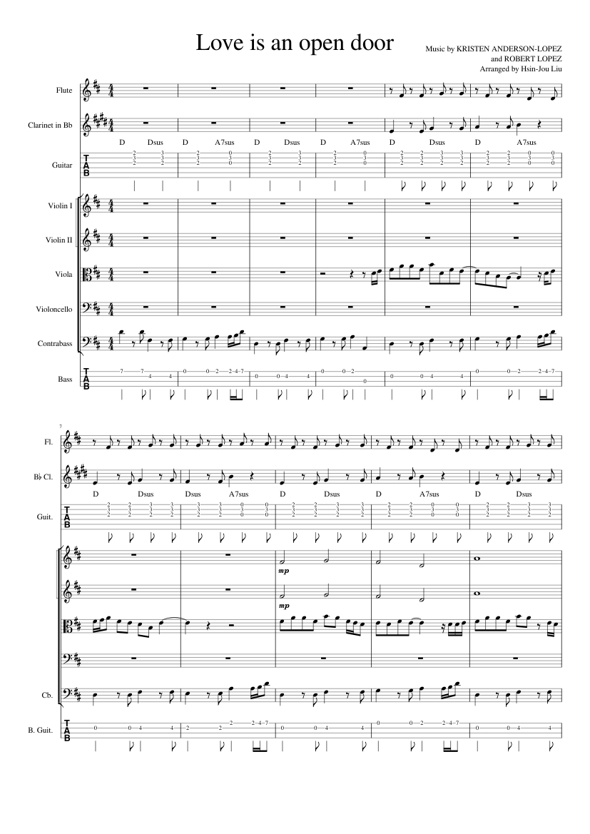 Love Is An Open Door In D Major Sheet Music For Flute Clarinet In B Love Is An Open Door In D Major Sheet Music For Flute Clarinet In B
