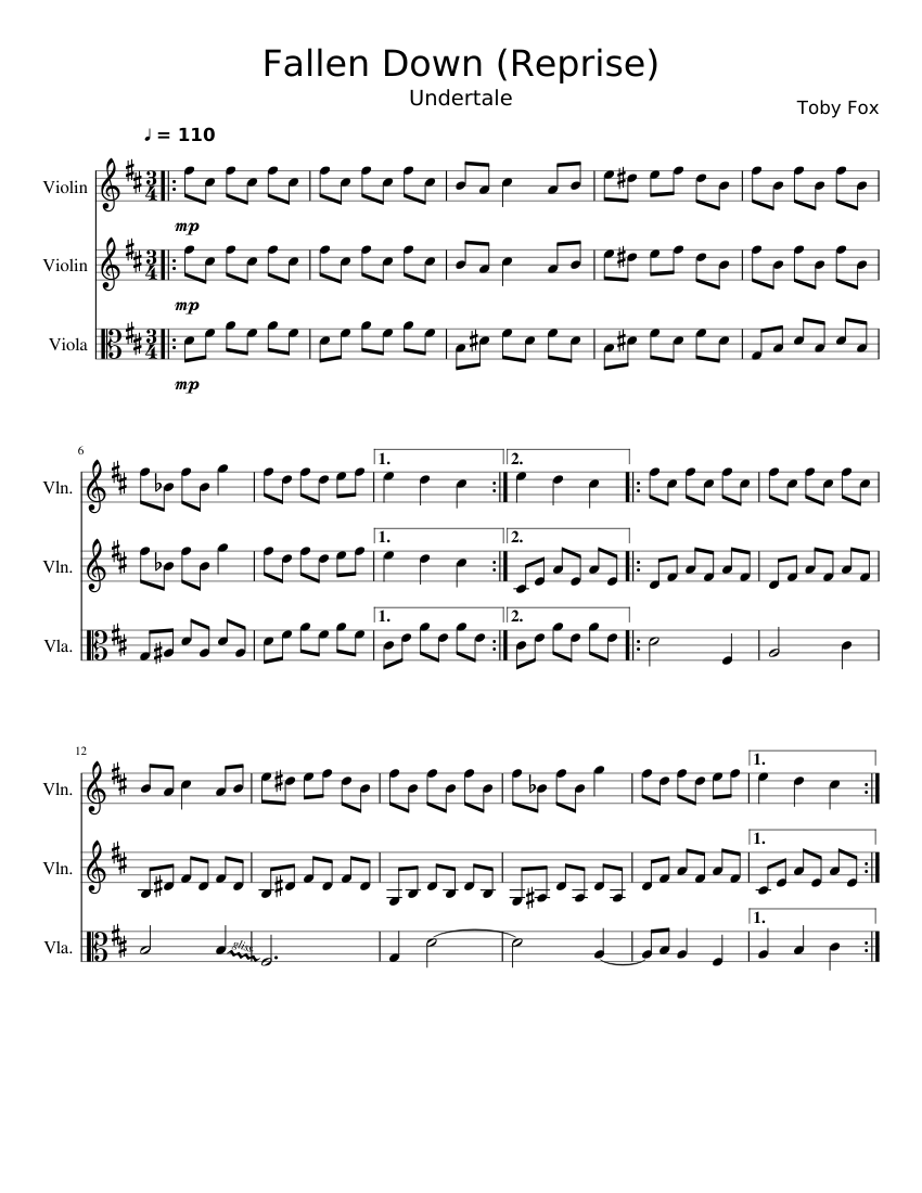 Undertale: Fallen Down (Reprise) Sheet music for Violin, Viola (String  Trio) | Musescore.com