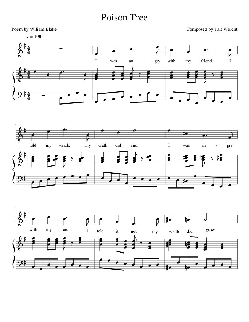 Poison Tree Sheet Music For Piano Vocals Piano Voice Download And Print In Pdf Or Midi Free Sheet Music With Lyrics Musescore Com