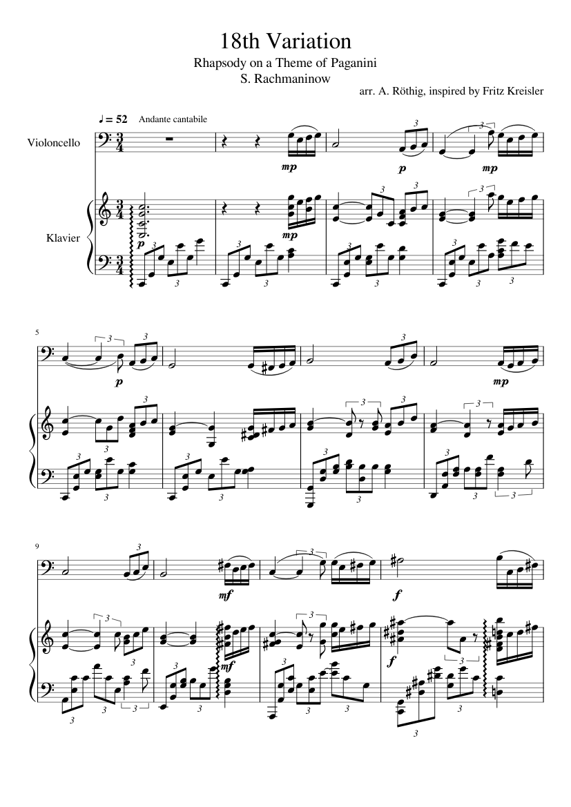 Rachmaninow Rhapsody on a Paganini Theme 18th Variation Sheet music for  Piano, Cello (Solo) | Musescore.com