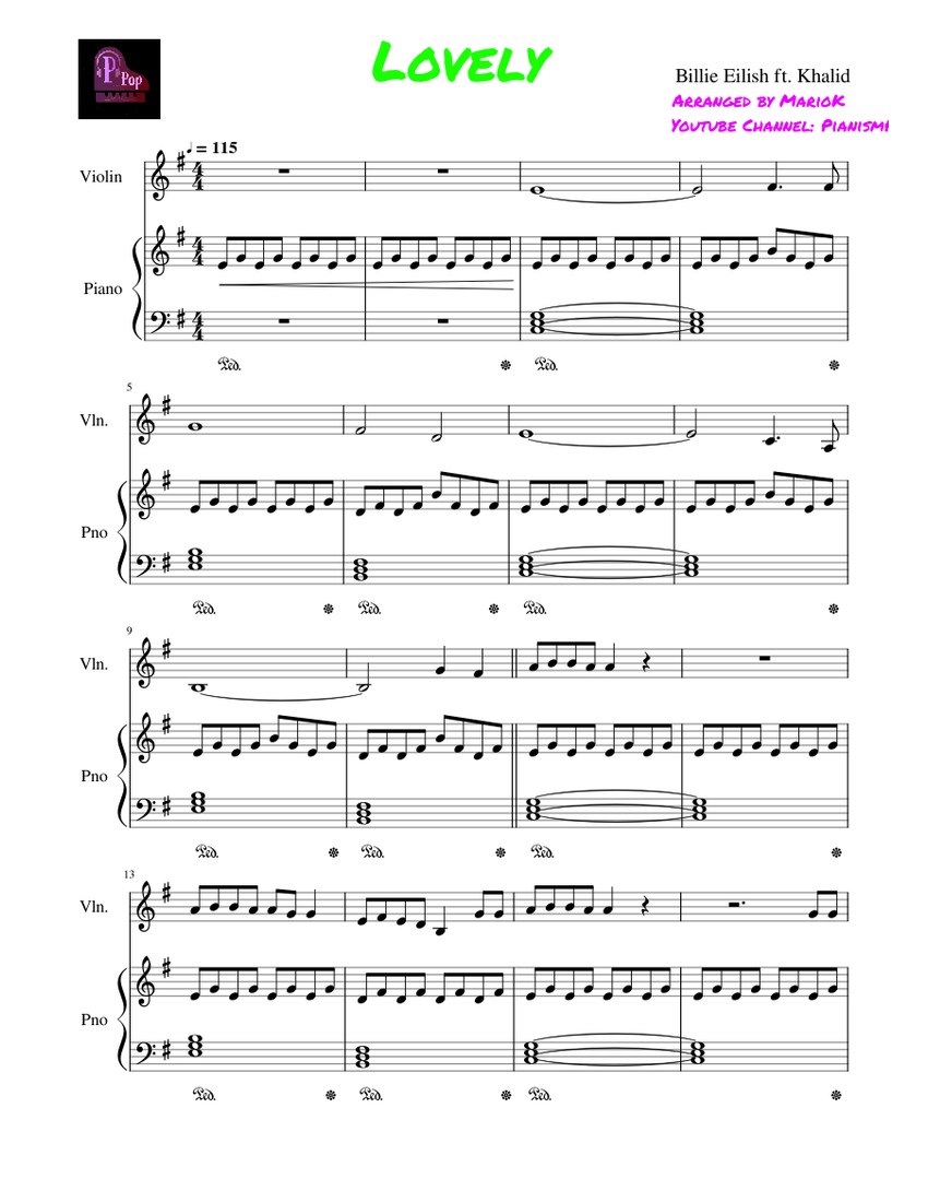 Lovely Billie Eilish Ft Khalid Piano And Violin Sheet Music For Piano Violin Solo 
