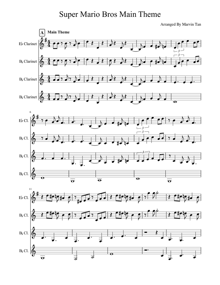 Super Mario Theme for Clarinet Quartet Sheet music for Clarinet in e ...